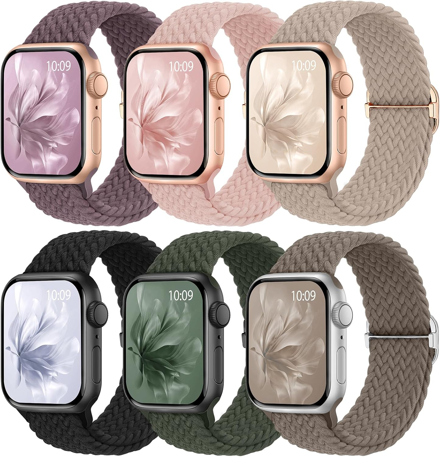 6 Pack Braided Stretchy Bands Compatible with Apple Watch Band 38Mm 40Mm 41Mm 42Mm 44Mm 45Mm 46Mm 49Mm Women Men, Adjustable Nylon Solo Loop Elastic Straps for Iwatch Series 11 10 9 8 7 6 5 4 SE Ultra