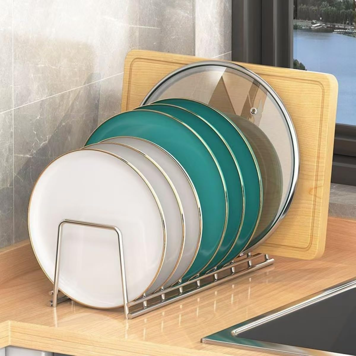 SHUTKMVCW Dish Rack Plates Holder 2 Pack Set, Plate Organizer for Cabinet Space Saver, Pan Lid Organizer, Kitchen Storage Cabinet Organizer for Plates/Bowls/Cups/Lids/Cutting Boards/Spatulas image number 2