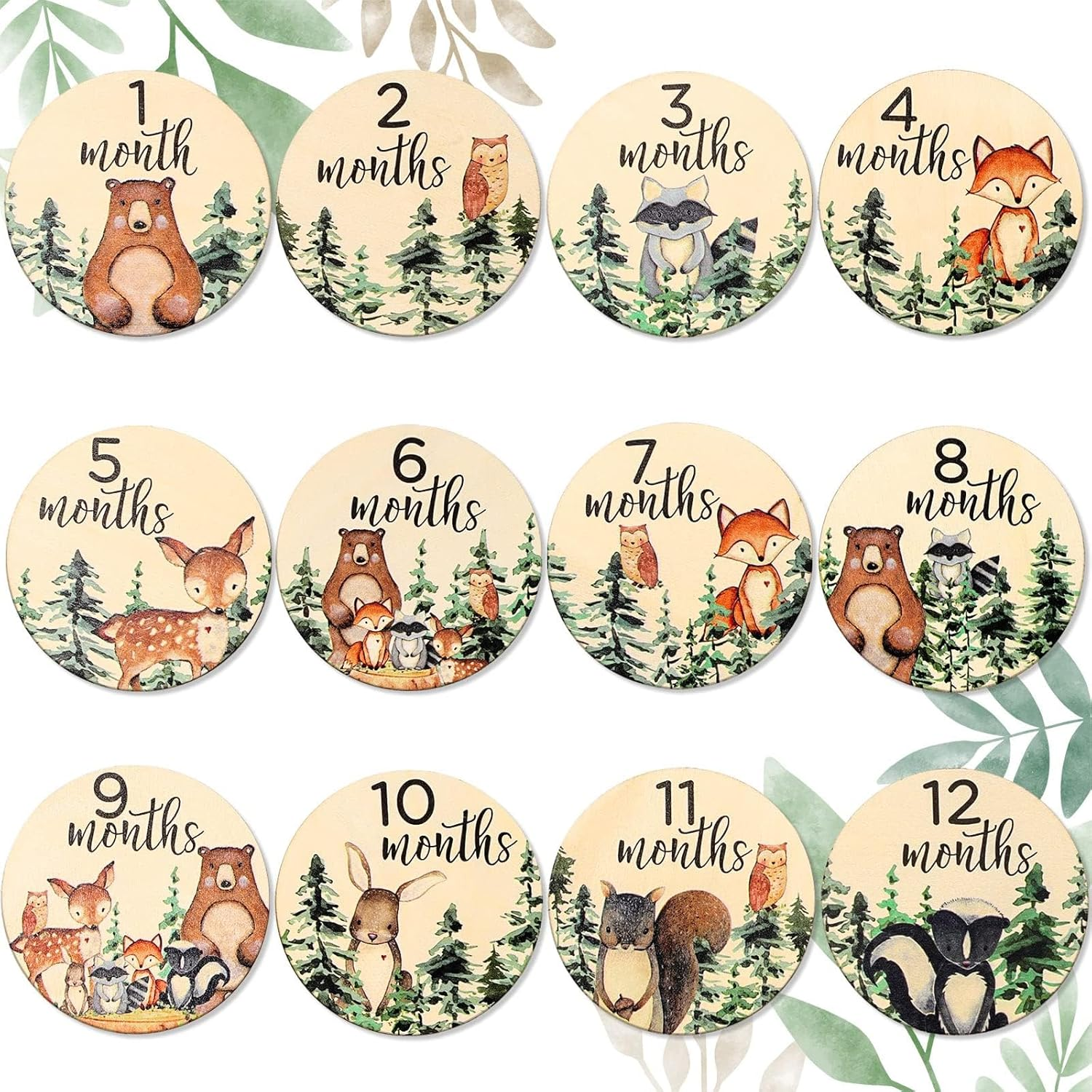 12Pcs Woodland Monthly Milestone Cards Milestone Wooden Discs Double-Sided Cute Animal First Year Age Announcement Sign for Newborn Photo Props Gift image number 3