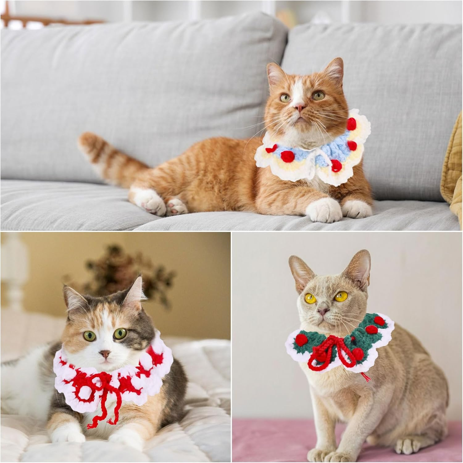 GLOBLELAND 3 Pieces 3 Styles Knitted Cat Collars Cute Dog Bib Cat Drool Towel Handwoven Pet Collar Accessories Warm Safety Pet Towel image number 4