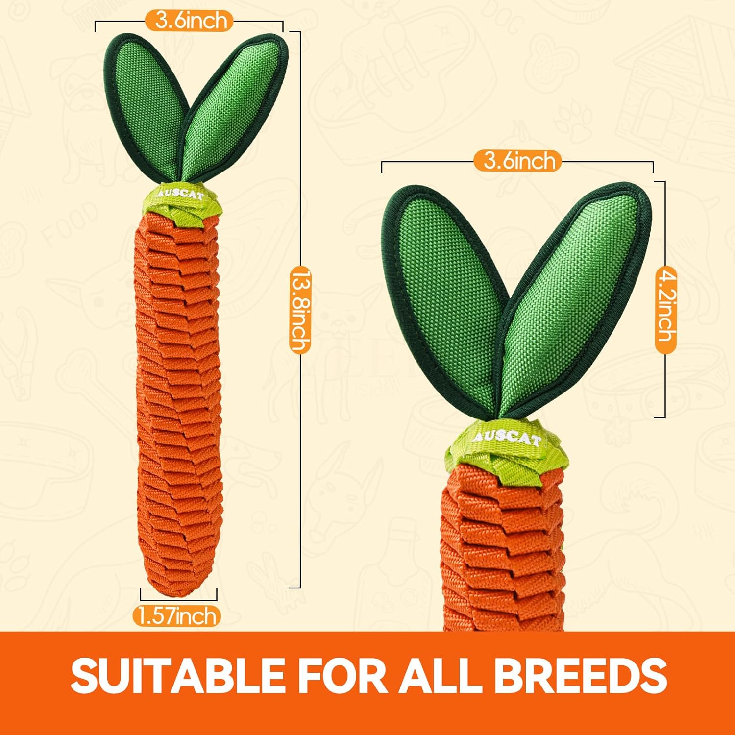 AUSCAT Dog Rope Toy, Durable Tug of War Toy with Squeaker, Braided Teething Toys for Small Medium Large Dogs, Carrot Shape