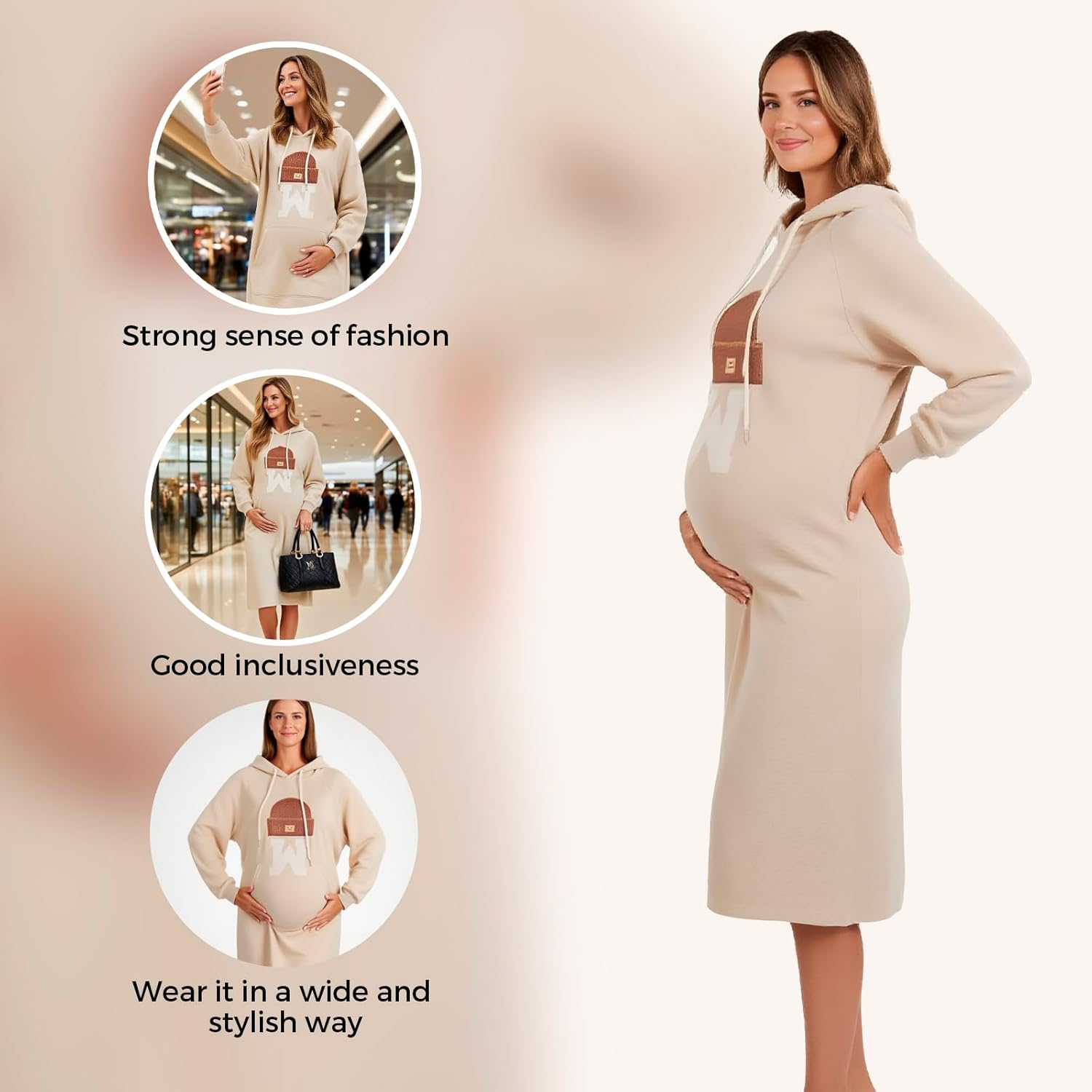 Maternity Hoodie Dress with Pockets &ndash; Casual Loose Fit Mid-Length Sweatshirt Dress for Pregnancy Spring Fall image number 4