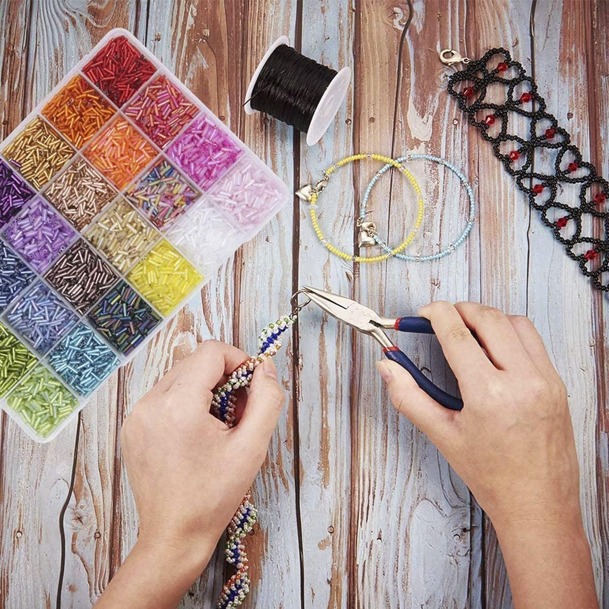 ZIENVE 9600Pcs Pony Tube Beads Kit, 24 Grids 6.5Mm Bugle Glass Seed Beads Craft Beads for Bracelet Necklaces Jewelry Making DIY Crafting Supplies with Crystal String and Beading Needles image number 3