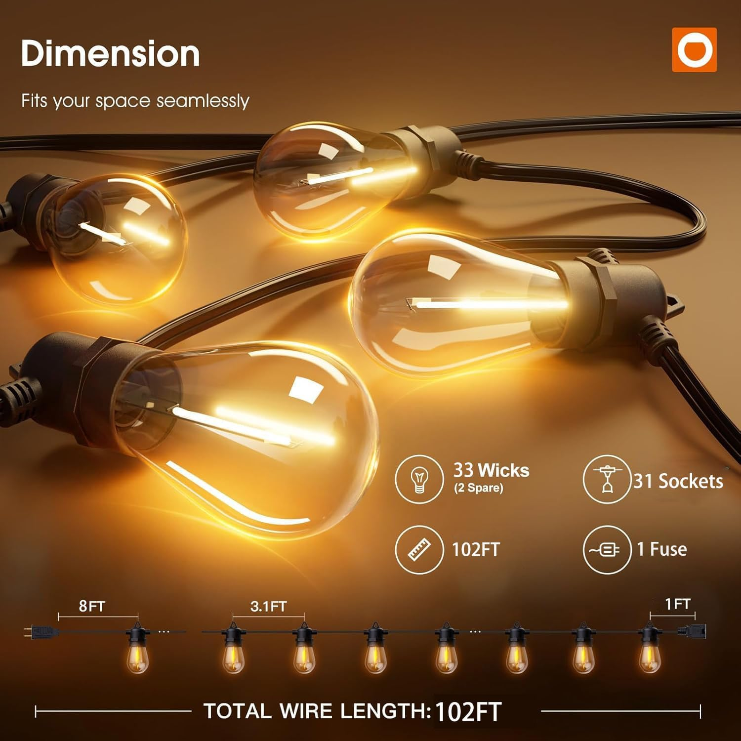 31M Festoon Lights Outdoor with 31 Bulbs+2 Spares S14 LED Outdoor String Lights,Connectable Christmas String Lights, Ip65Waterproof and Shatterproof Fairy Lights for Garden, Party, Yard, 2700K image number 4