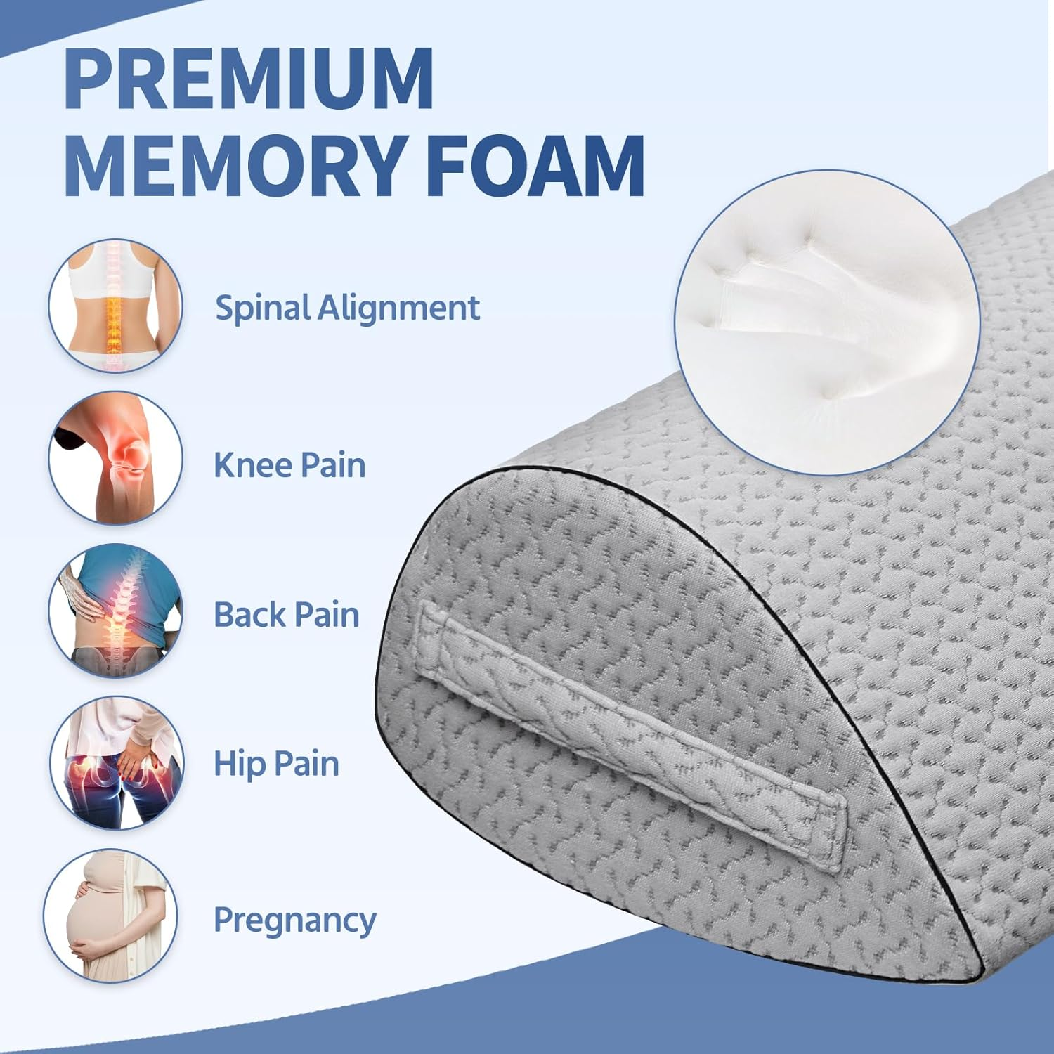 Pozico Knee Pillow for Side Sleepers - Ergonomic Leg Pillow with Memory Foam - Positioning Pillow for Knee, Back & HIPS - Neck Roll with Carry Tab & Washable Cover