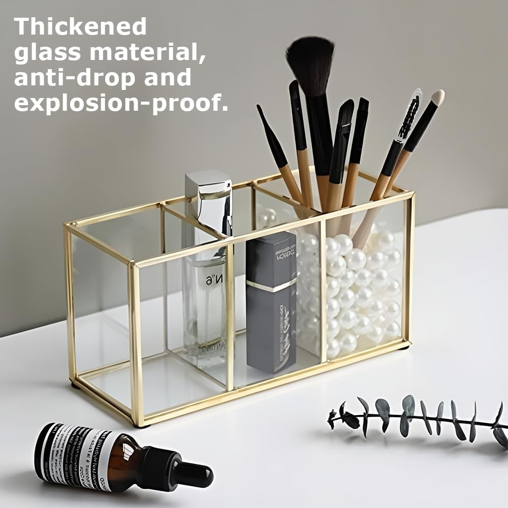 3-Section Glass Makeup Brush Holder, Gold Frame Cosmetic Organizer, Vanity Toiletries Storage Box, for Forbeauty Tool Brushes & Lipsticks image number 3
