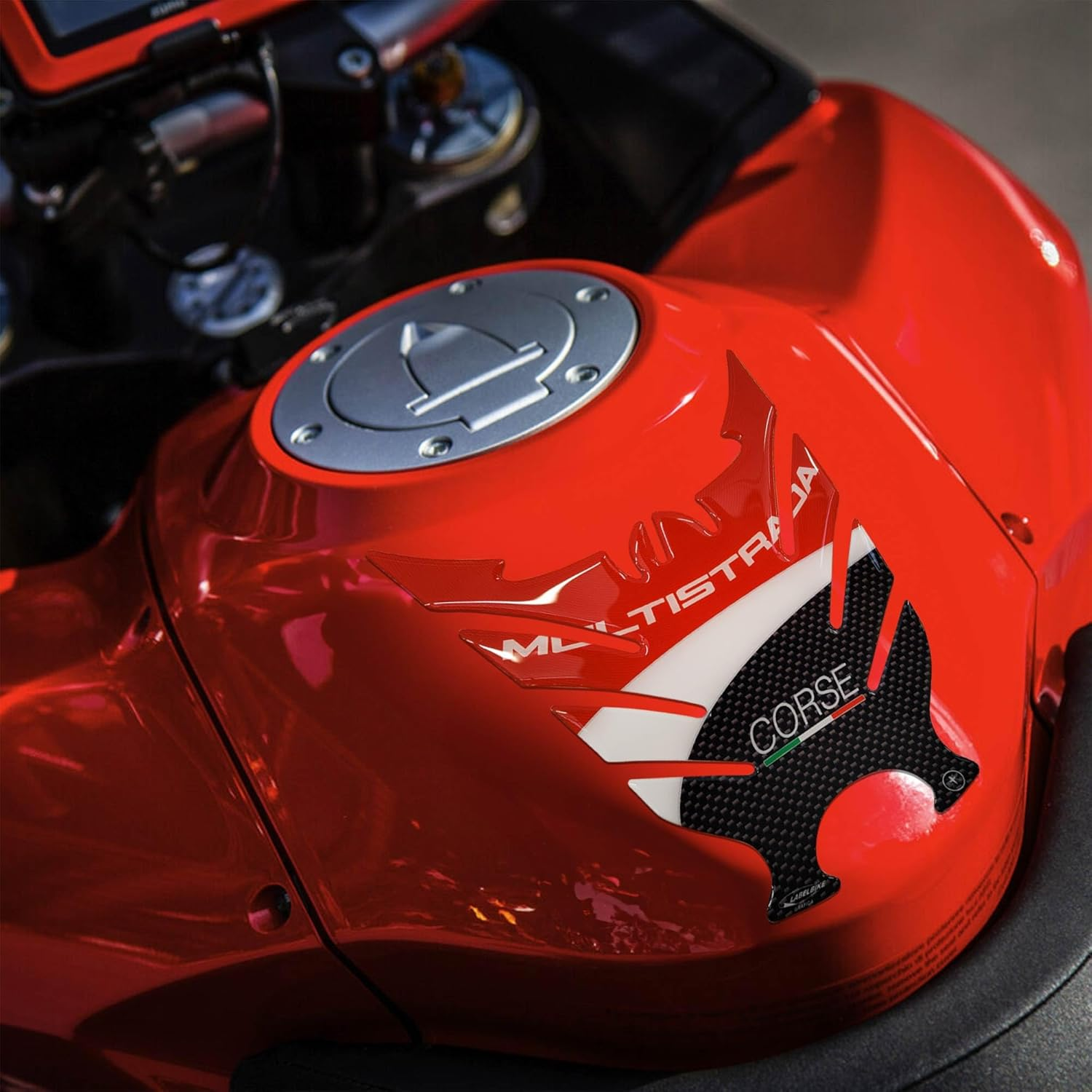 Labelbike - Sticker 3D Motorcycle Tank Pad Protection and Decoration in Resin Compatible with Ducati Multistrada 1200 2010-2014 - Color Red White Carbon