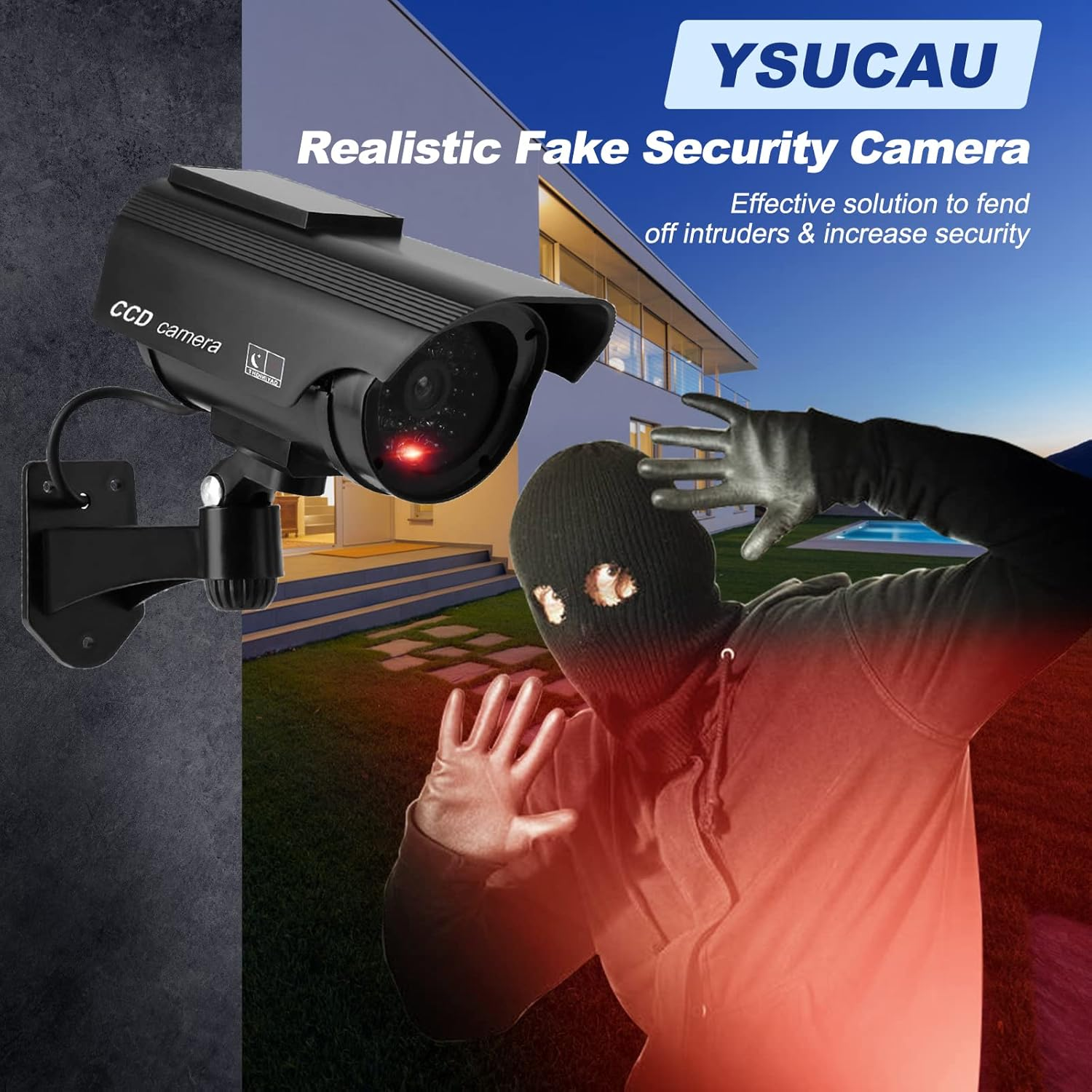 YSUCAU Solar Powered Bullet Dummy Fake Simulated Surveillance Security CCTV Dome Camera Indoor/Outdoor Use with Flashing Red LED Light & Warning Security Alert Sticker Decal, 2 Packs, Black image number 5