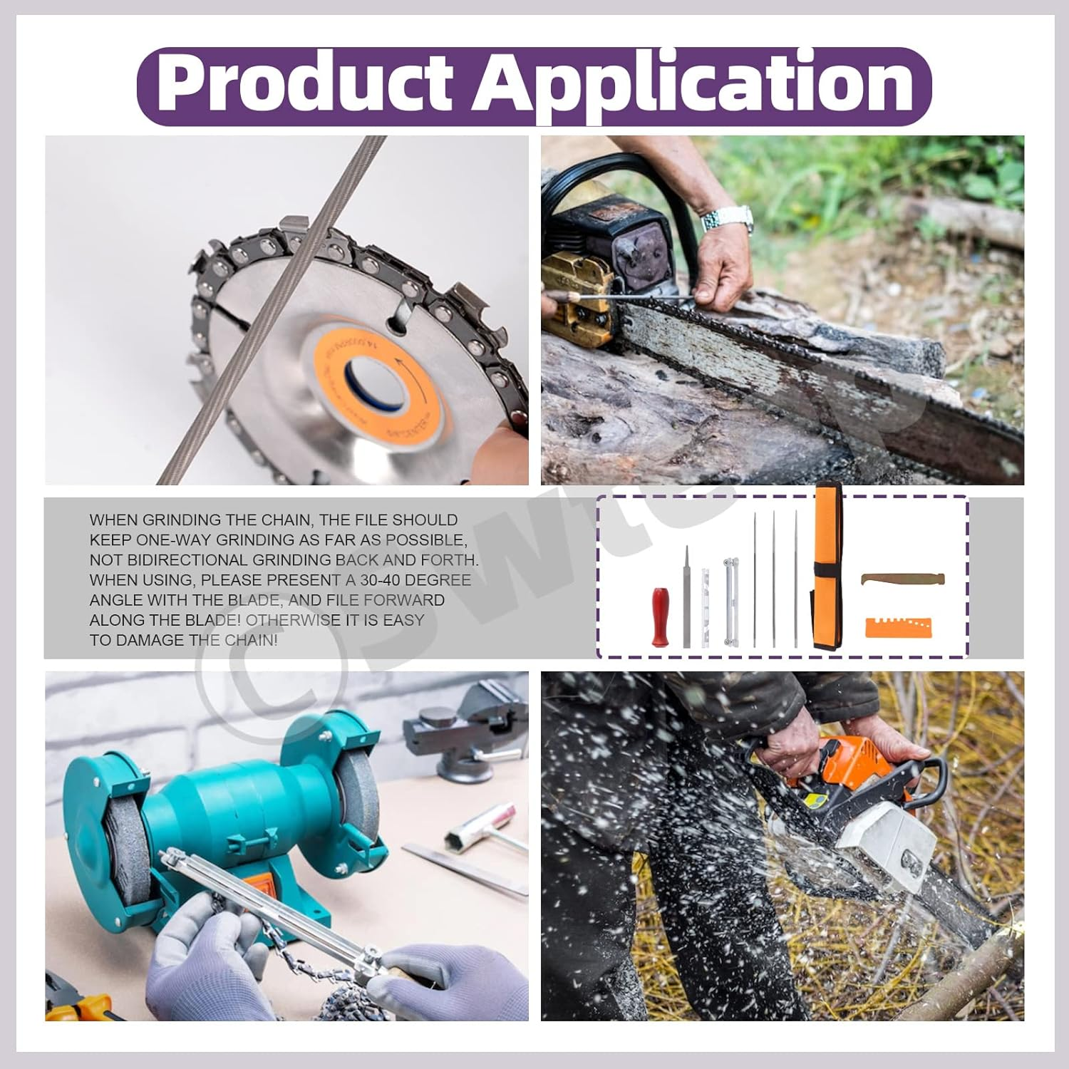 Swpeet 10Pcs Chainsaw Sharpener File Kit, round Files of 5/32, 3/16, 7/32 Inch, Flat File, Blade Filing Guide, Raker Tooth Depth Gauge, Wood Handle and Tool Pouch for Sharpen Chain Saw Teeth Blade image number 1