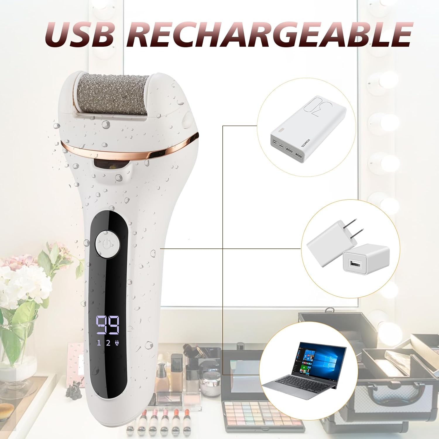 Electric Foot File, Professional Foot Callus Remover Rechargeable Pedicure Tools with 6 Roller Heads for Cracked Heels and Dead Skin