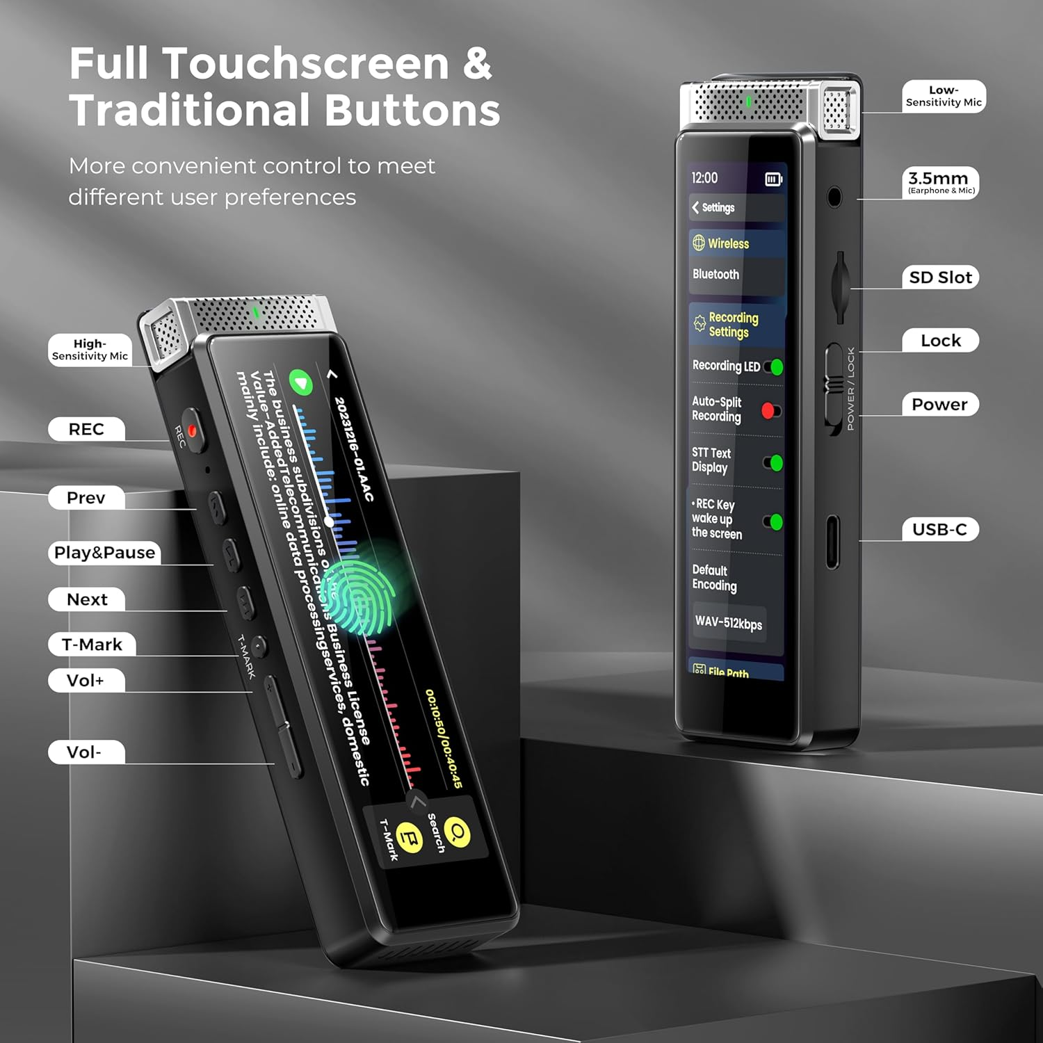 72GB Digital Voice Recorder with Playback, Innioasis R1 Full Touchscreen Voice Recorder with Bluetooth and Intelligent STT Transcription, Voice Activated Sound Audio Recorder Device with Mic (Black) image number 5