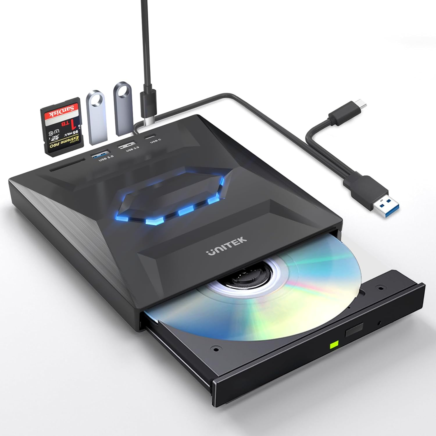 Unitek External CD DVD Drive, USB C Portable CD/DVD +/-RW Drive/Dvd Player with SD Card Reader USB 3.0 USB C Hub CD ROM Burner Compatible with Laptop Desktop PC Windows Linux OS Apple Mac image number 3