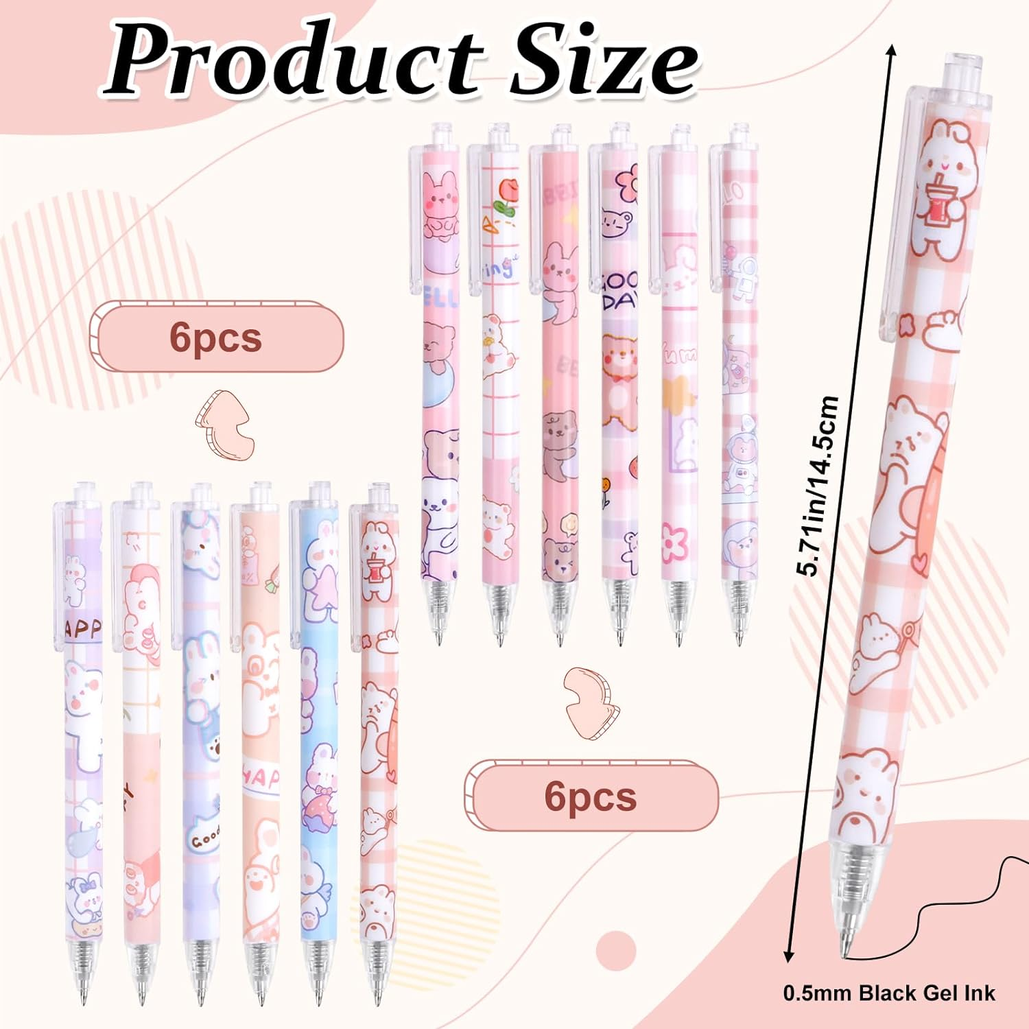 12Pcs Cute Gel Ink Pens SHAIDOJIO, Kawaii Cartoon Pens, 0.5Mm Black Retractable Rollerball Pens Set, Student Supplies for Kids Girl Women Writing Journaling, Taking Notes, School Office (Set A) image number 5