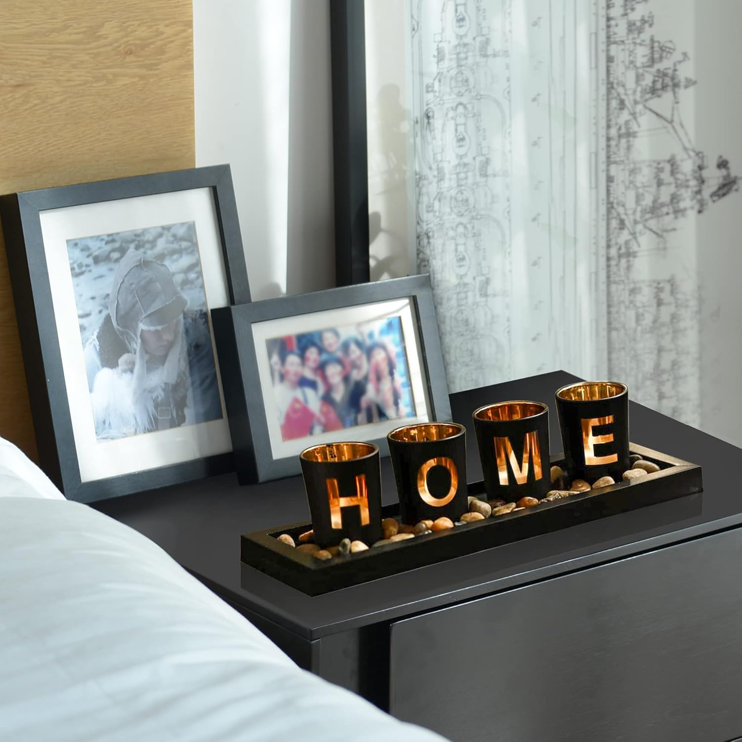 Mrmrkura Home Decorative Candle Holder Set, 4 Glass Tea Light Candleholders with Wooden Candle Holders Tray, Natural Pebbles for Home Decor Table Decorations Centerpiece image number 1