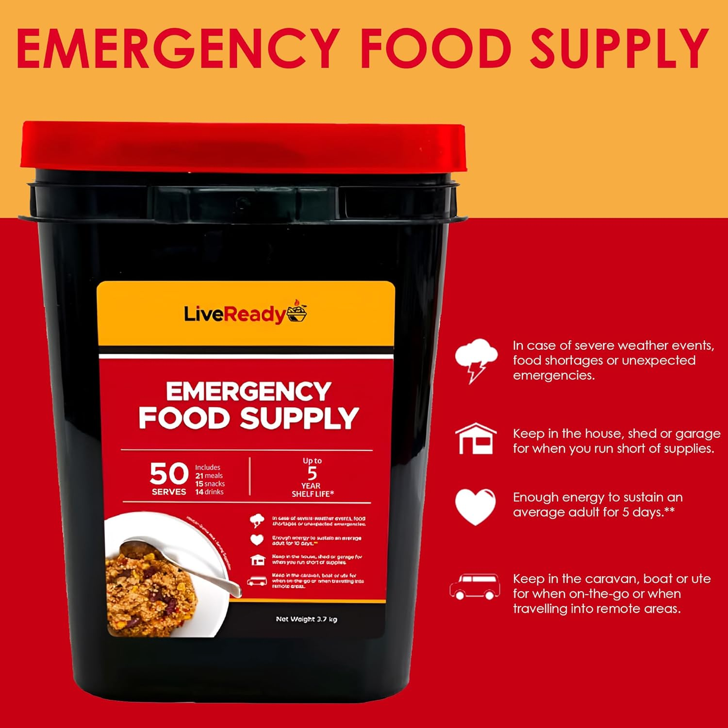 Emergency Food Supply by Liveready. a 50 Serve Survival Food Kit Including 21 Meals, 15 Snacks & 14 Drinks. 5 Year Shelf Life image number 4