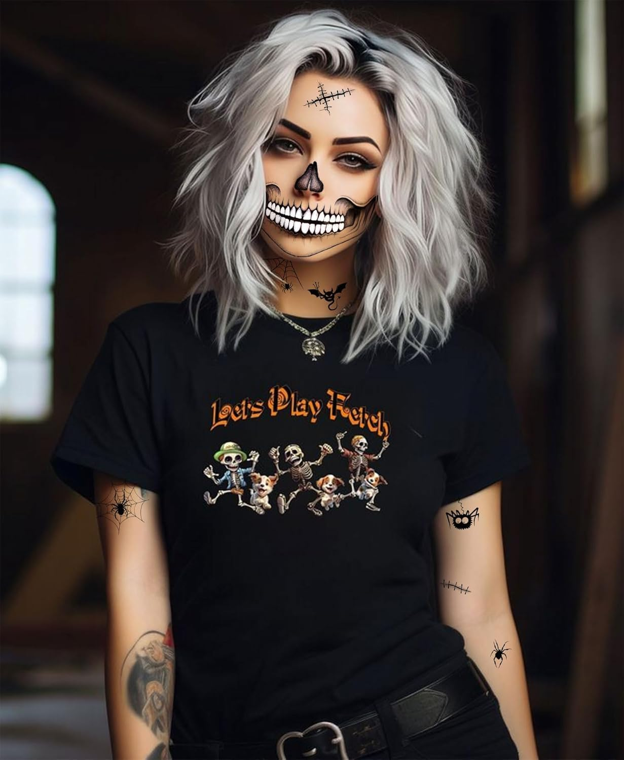 Halloween Face Tattoos for Women Makeup, Face Skeleton Mouth Spider Web Temporary Tattoo Stickers, Horror Make up Scary Face Tattoos for Kids Girls Boys Adults image number 4