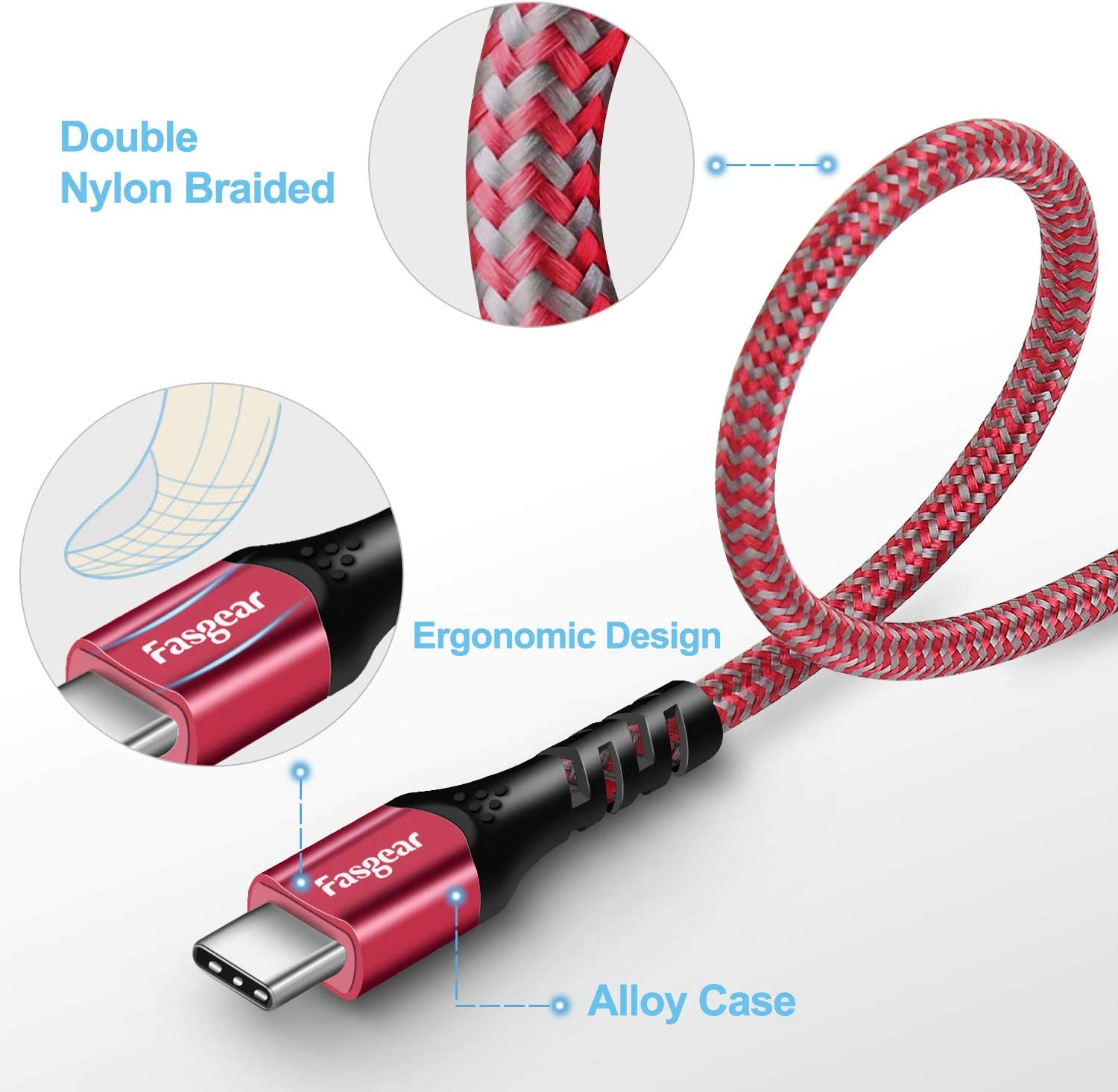 Fasgear USB-C to USB-C Cable, 1 Pack [10Ft] USB 3.1 Type C Gen 2 Fast Charge Cable for Mac-Book Pro,100W 20V/5A Power Delivery, 10Gbps Data Transfer,4K@60Hz Video Output, Quest Link (3M,Red)