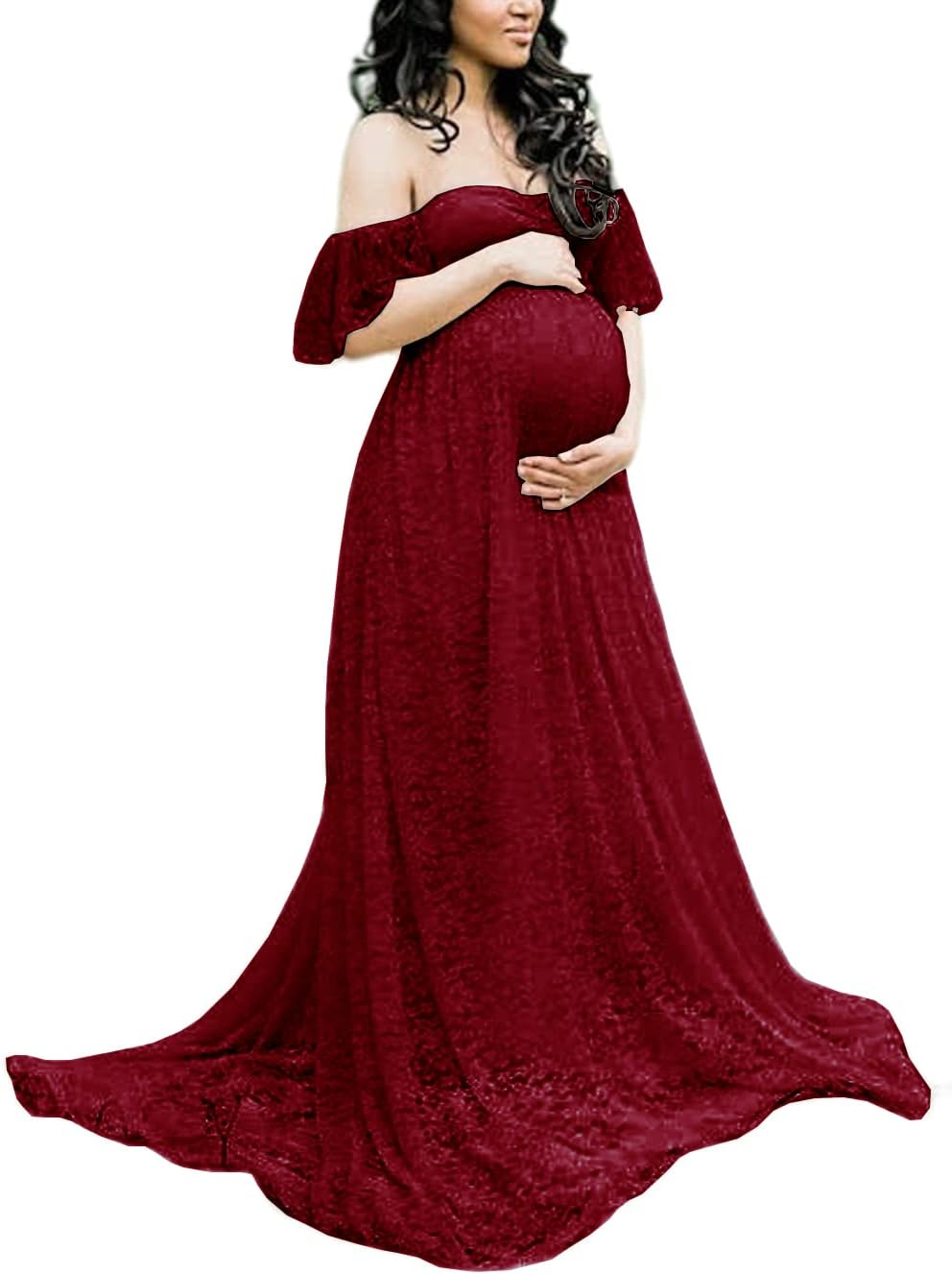 ZIUMUDY Photography Maternity Dress off Shoulder Lace Baby Shower Pregnant Wedding Dress