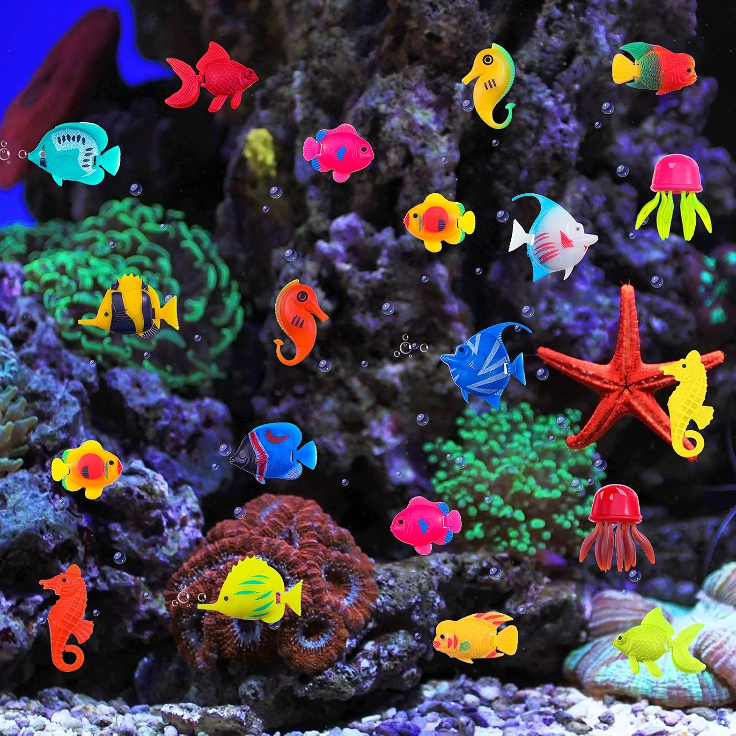 Weewooday 20 Pieces Artificial Moving Fishes Plastic Floating Fishes Lifelike Fish Ornament Aquarium Decorations for Fish Tank (Jellyfish and Seahorses)