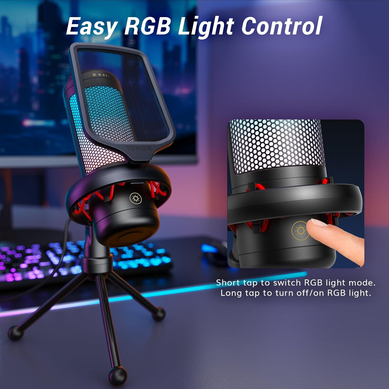 TONOR Gaming USB Microphone with Adjustable RGB Modes & Brightness, Condenser PC Mic for Streaming Podcast Recording Studio Singing Youtube, Computer Desk Mic Compatiple with Laptop/Mac/Ps4/Ps5 TC310 image number 3