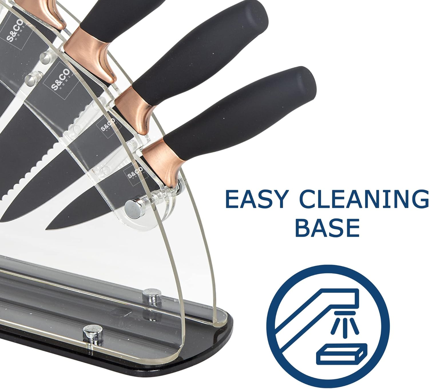 S & Co. 6 Pcs Kitchen Knife Set with Acrylic Block - Super-Sharp Steel Knives with Non-Stick Coating - Chef, Bread, Carving, Utility, Paring Knives - Stylish Cooking Tools with Black, Rose Gold Handle image number 6