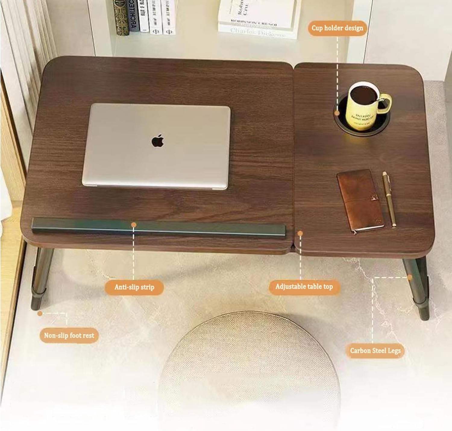 Hbluefat Folding Laptop Desk, 21.5 Inches Wood Breakfast Serving Bed Couch Tray with Adjustable Tilting Top and Cup Holder, Portable Lap Stand for Reading Writing Eating (Walnut)