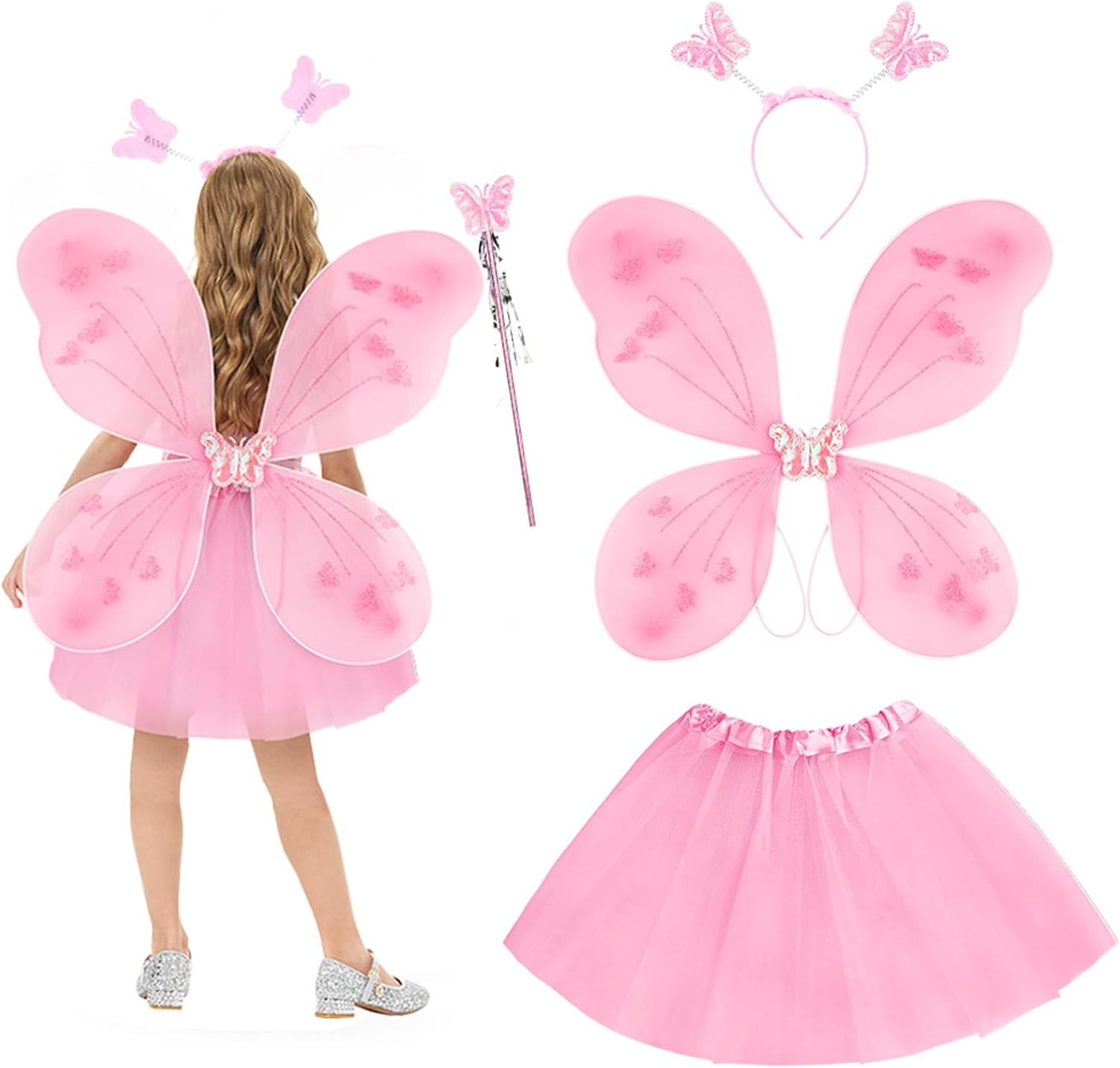 AYBUY Fairy Wings Kids Costume, Fairy Butterfly Wings with Tutu, Magic Wand and Headband, Fairy Princess Skirt Set, Fairy Dressing up Costume for Girls