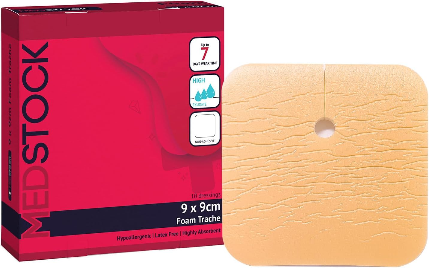 MEDSTOCK Foam Non-Adhesive Tracheostomy Dressing, TRACHY 9CM X 9CM, 10 Count, Wound Care, High Absorption, Stoma Management, Drain Management, CMC Granules