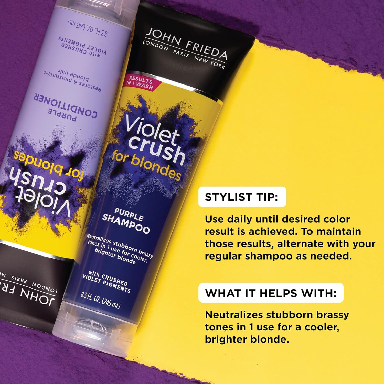 John Frieda Violet Crush Purple Shampoo and Conditioner Set - Blonde Toner Neutralizing Yellow Tones for Bleached and Platinum Hair, Enhancing Blonde Tones, 8.3 Oz (2 Pack) image number 4