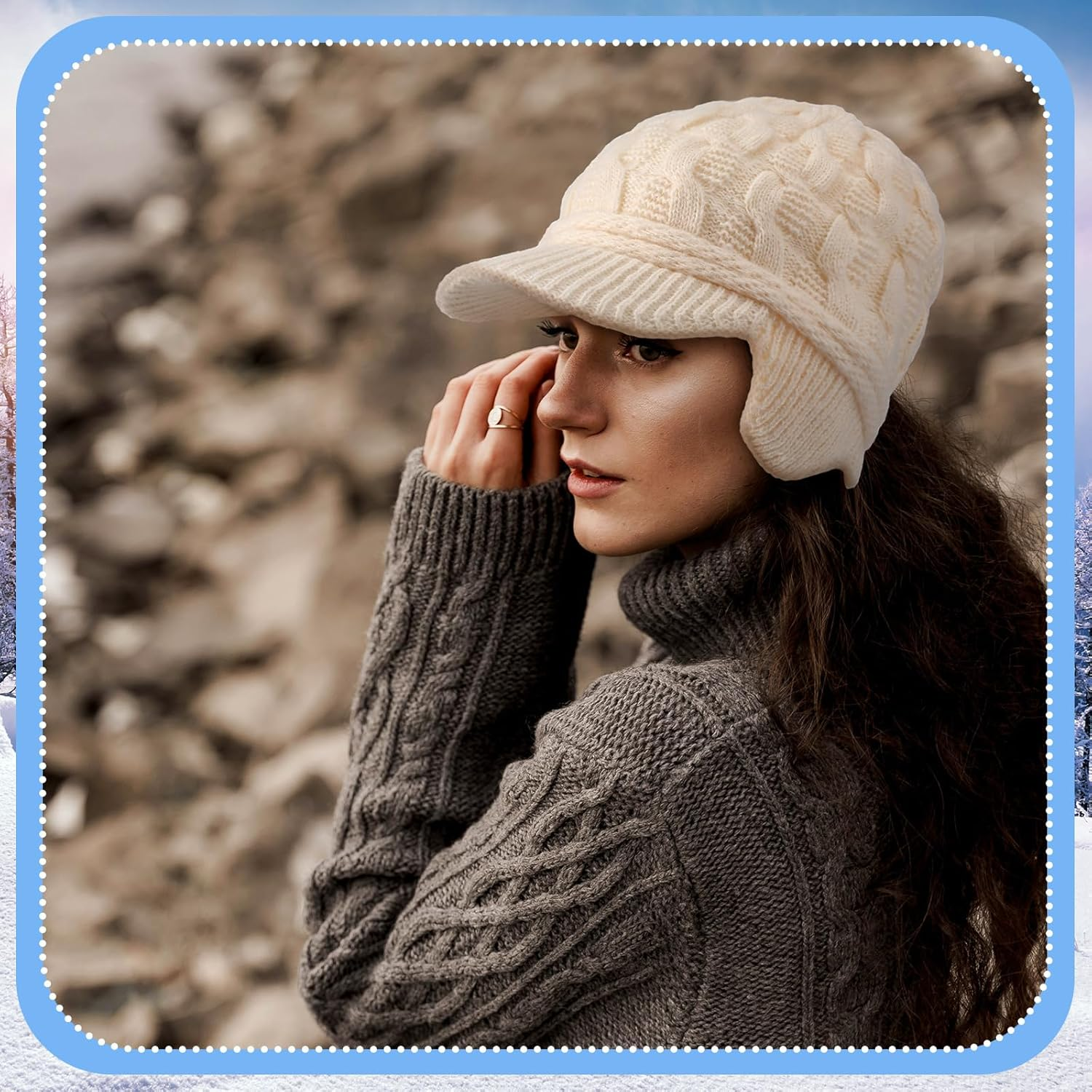 Jenaai Winter Beanie with Brim and Earflap for Woman Outdoor Warm Thermal Knitted Hat for Women Men Cold Weather Beige image number 1