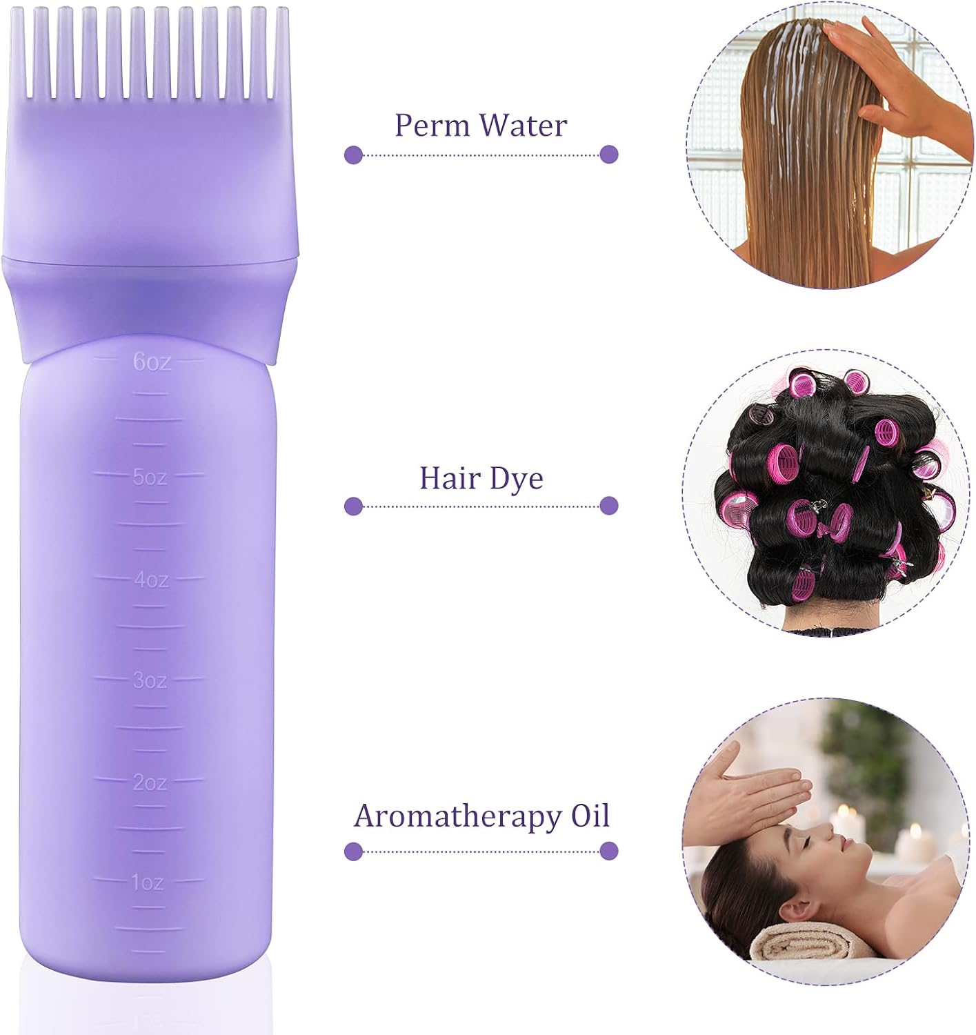 6PCS Large Capacity Root Comb Applicator Bottle, Hair Dye Brushroot Comb Squeeze Applicator Bottles for Hair Root Color with Graduated Scale(Color:Pink White Purple) image number 3