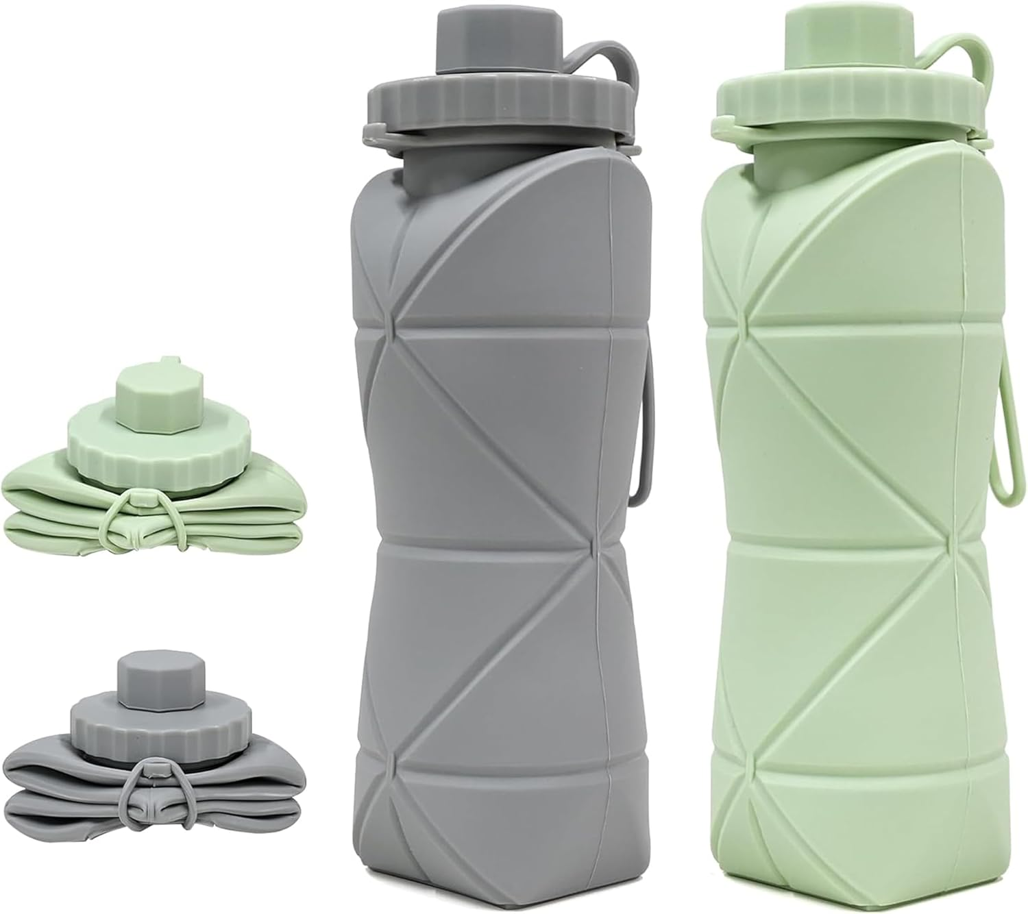 (2 Pack) MDHWL Collapsible Water Bottle for Travel [Double Leak-Proof Design] [Cap with Safety Rope] BPA Free Silicone Foldable Water Bottle for Outdoor Hiking Sports Lightweight, Couple (Green+Grey) image number 4