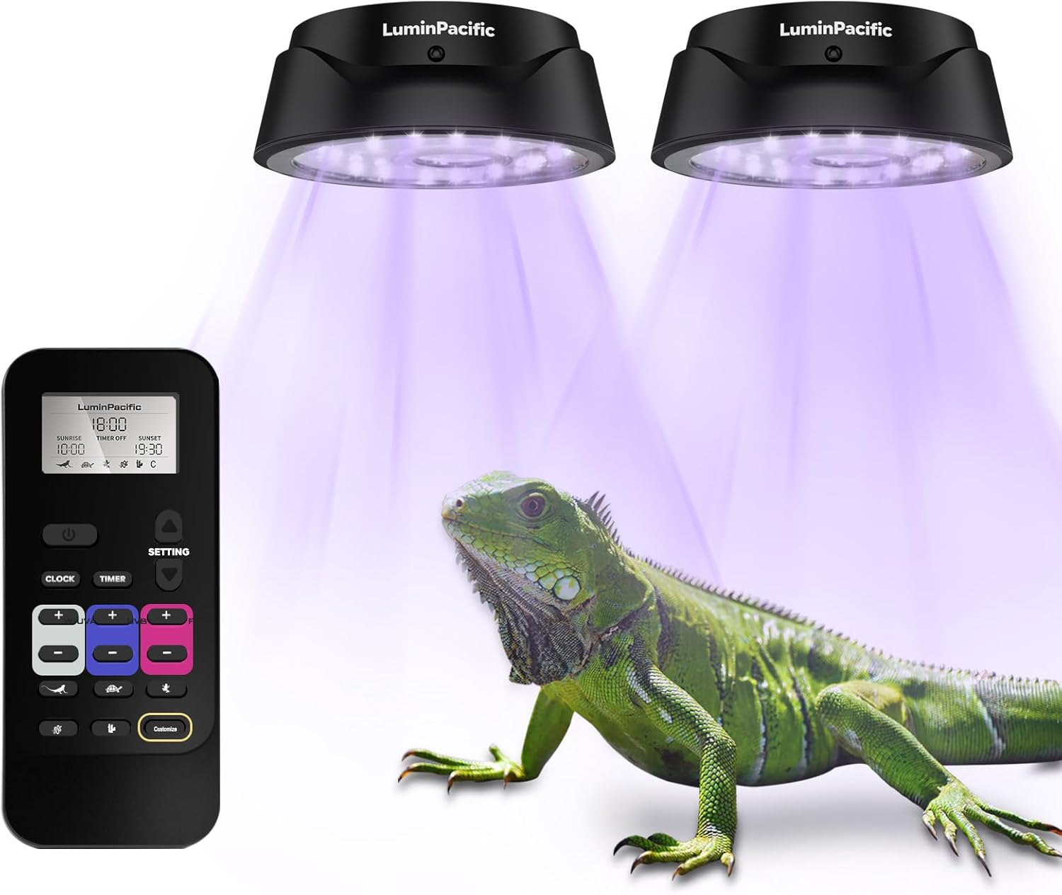 Luminpacific LED Reptiles Light with Remote, UVA UVB FR Lamp for Rainforest & Desert Reptiles, Ferguson Zones 1-4, Timer Switch, 10 Dimmable, for Bearded Dragon, Turtle, Frog, Snake, Plant (2 Pack)