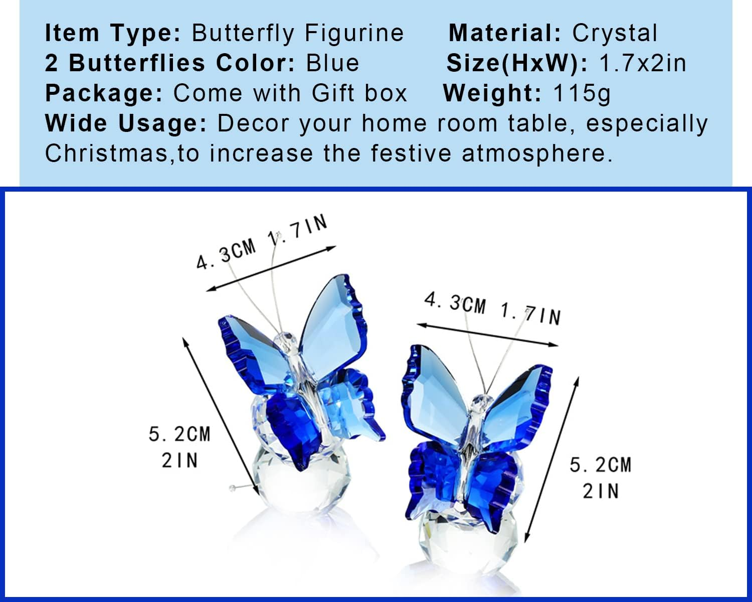 Kanpura Crystal Butterfly Figurines,Crystals Blue Butterflies Collectibles,Glass Animal Figurines for Home Wedding Decoration,Collection Gifts for Women (Pack of 2) - Blue image number 2