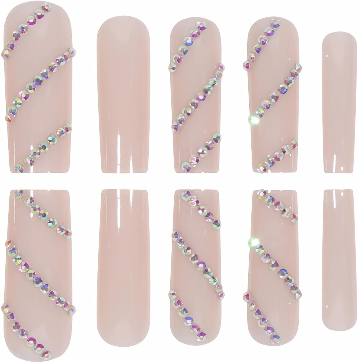 MISUD Press on Nails Long Square Fake Nails Glossy Glue on Nails Nude Acrylic Nails Artificial Nails Squoval Rhinestone Luxury Stick on False Nails with Design 24Pcs - 05414Blue image number 6