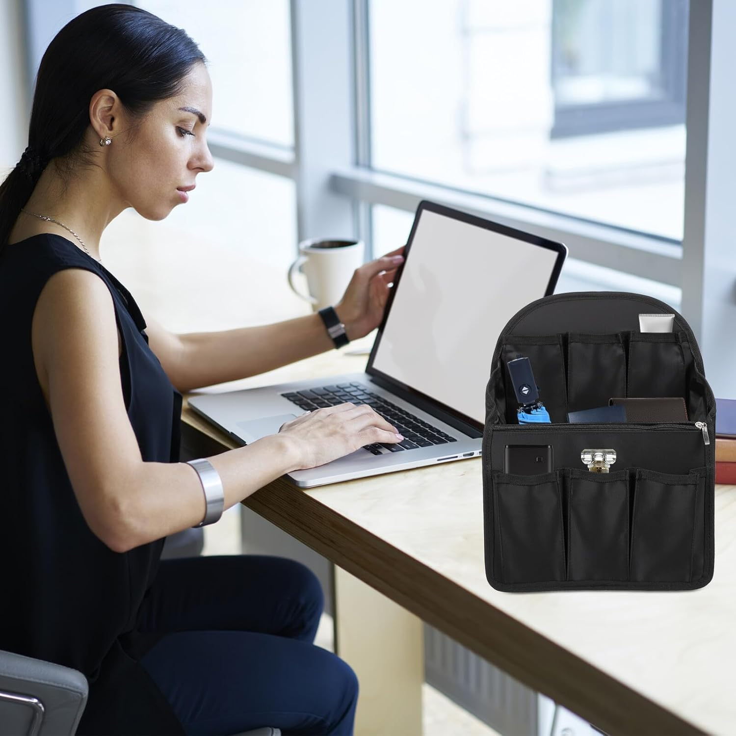 Ibasenice Backpack Organizer Insert with Multi Compartments, Nylon Portable Shoulder Bag Insert for Travel, Large Capacity Storage Container, Black Travel Bag Organizer Compatible with Backpacks image number 5