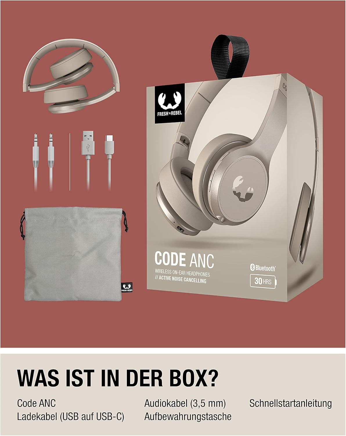 Fresh 'N Rebel Bluetooth On-Ear Headphones with Active Noise Cancellation, 30 Hours Playtime, Fast Charge, Microphone, Foldable, Comfortable Fit and Comfortable - Code ANC (Silky Sand) image number 5