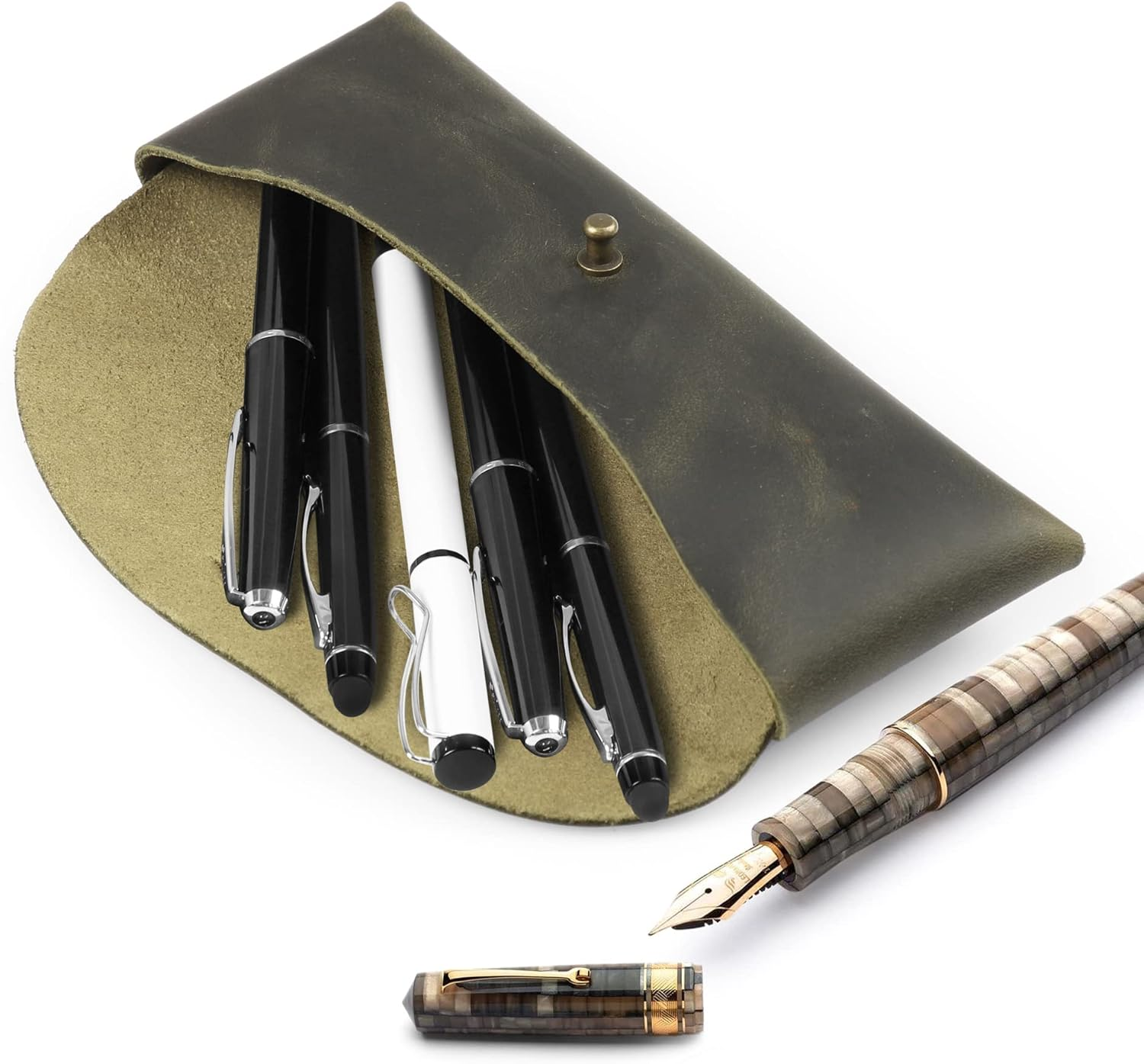 Otto Angelino Genuine Leather Pen Case with Metal Snap Fastener, Pencil Pouch Stationery Bag - Camel image number 6