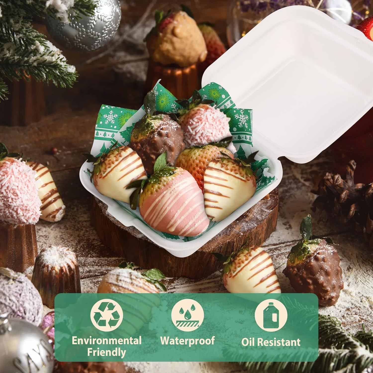 100 PCS Deli Paper Sheets 7X7 Inch, Christmas Decoration Food-Grade Greaseproof Paper Food Basket Liners for Sandwiches, Burgers, Fries Wrapping Paper Sheets Green Christmas Tree Snowflake - Red Snowflake image number 3