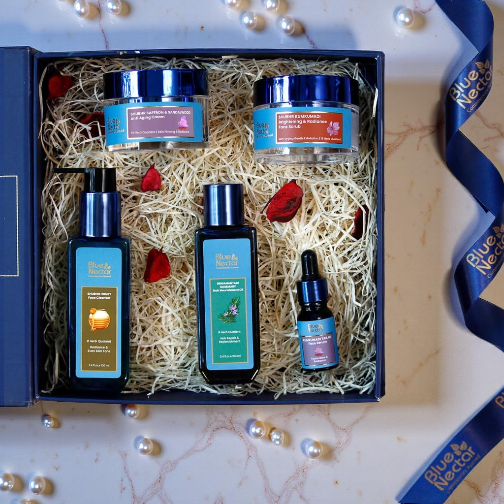 Blue Nectar Bestsellers Gift Set for Women & Men | Kumkumadi Face Serum, anti Aging Cream, Hair Oil, Face Wash & Scrub | Gift Box for Birthday, Anniversary & Special Occasions | for All Skin Types image number 6