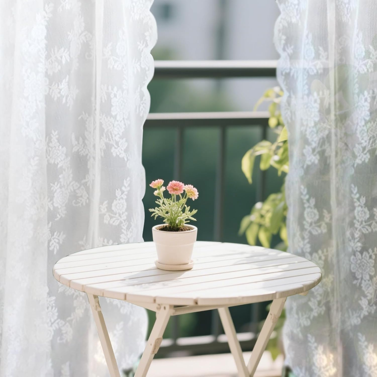 Neween Sheer Curtains White Floral Lace Curtains Rod Pocket Window Curtains Drapes for Short Curtains Bedroom, Each W145 X D160 Cm, Set of 2 Panels image number 2