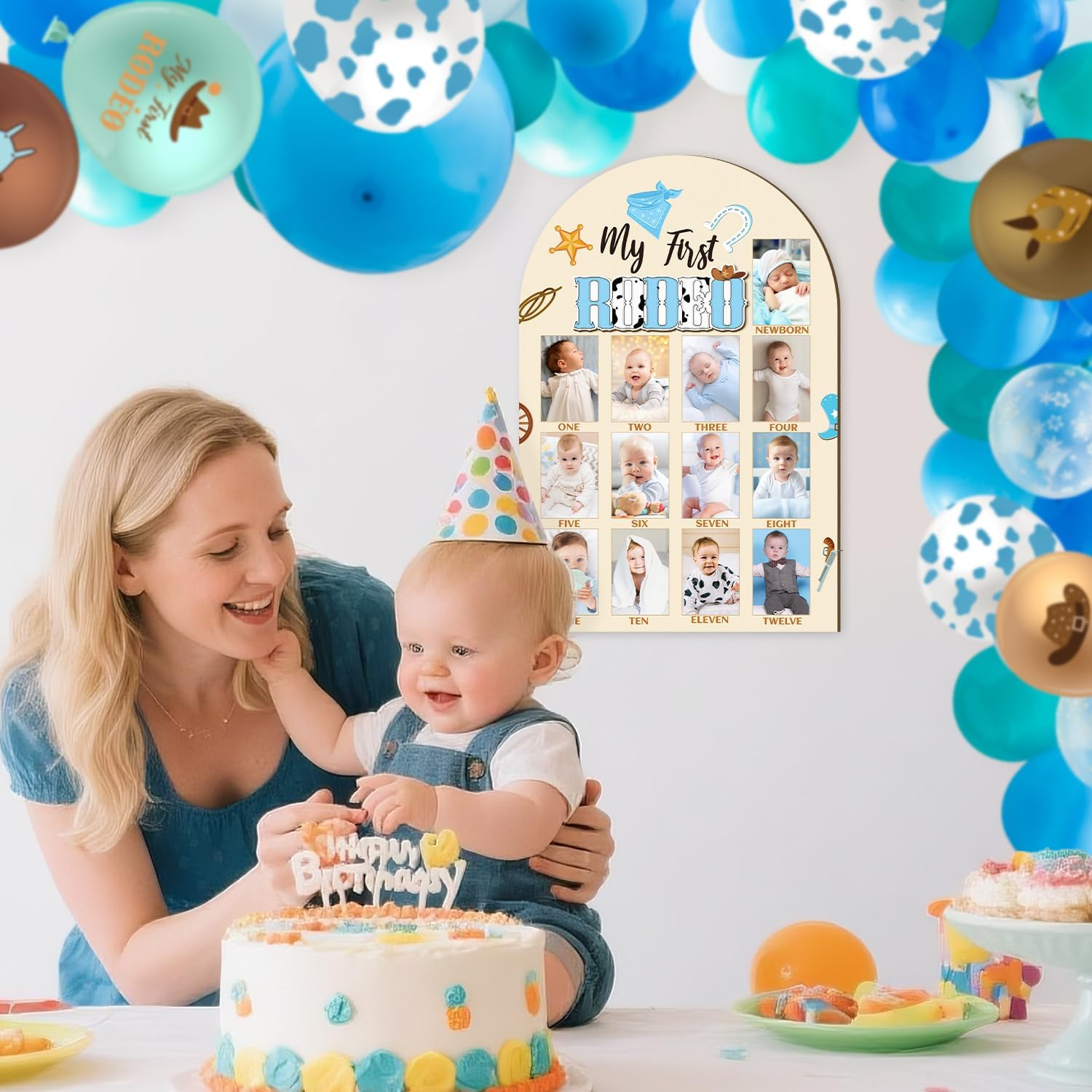 R HORSE 3D My First Rodeo Birthday Wood Photo Display Board, Blue Cowboy Baby'S First Year Picture Frame, 1-12 Months Milestone Board Birthday Decorations Keepsake Gift for Baby Boys Nursery Decor image number 4