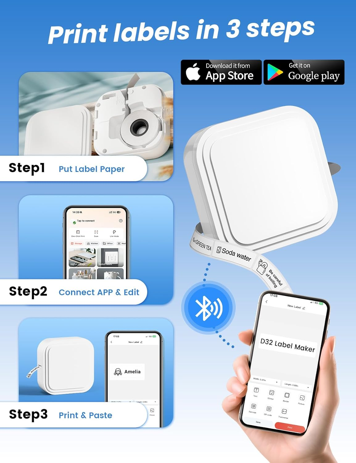 Label Makers - D32 Label Maker Machine with Tape, Label Printer Wireless Labeler Machine with Bluetooth, Mini Label Maker for Phone & Tablet, Portable Label Printer for Home, School, Office (White) - Green image number 5