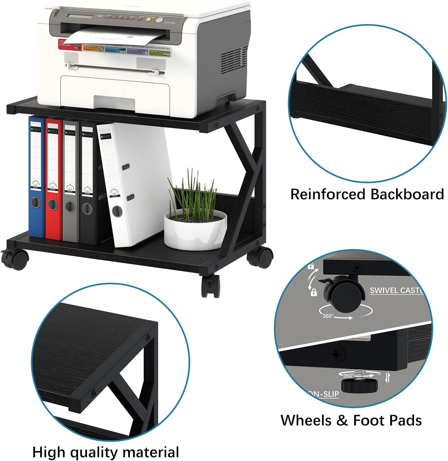 Aboxoo Desktop Printer Stand with 2 Tier Wood Storage Shelves,Under Desk Printer Table,Multi-Purpose Home Office Desk Organizer for Fax Machine, Scanner (Black) - White image number 5