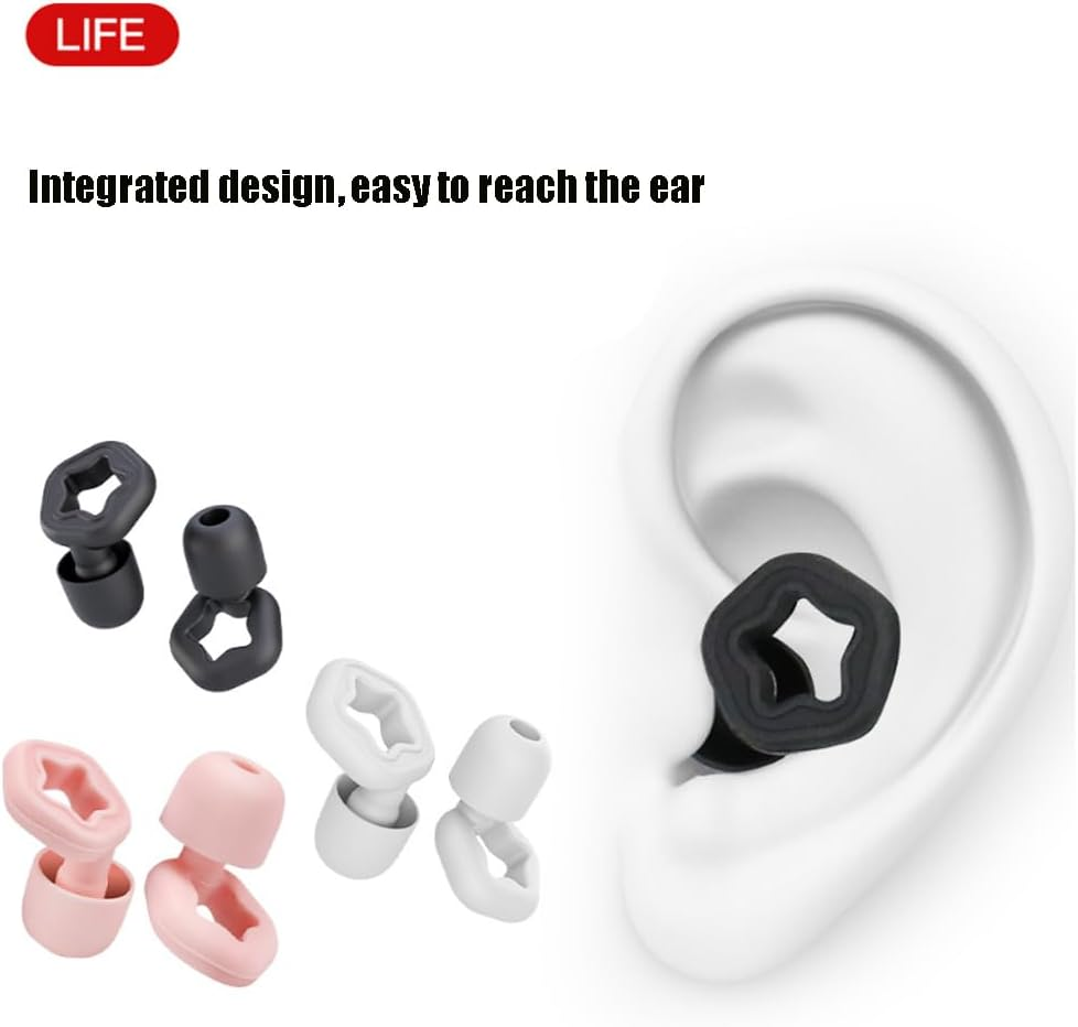 In-Ear Ear Plugs with Five Star Shape Design&ndash; Super Soft, Reusable Hearing Protection in Flexible Silicone for Sleep, Swimming, Travel, Noise Sensitivity 6 Ear Tips in S/M/L - SNR 24Db & NRR 14 Noise Cancelling (Black, S+M+L)
