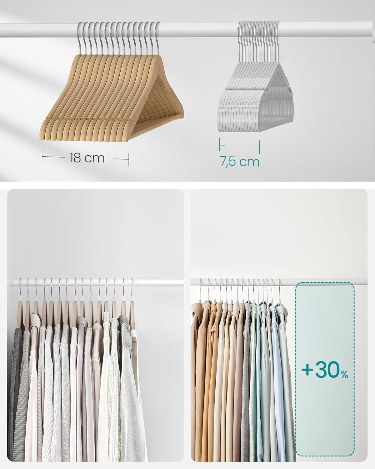 SONGMICS Coat Hangers, Pack of 30, Heavy-Duty Plastic Hangers, with Wide Shoulder Notches, Trousers Bar, 360&deg; Swivel Hook, Space-Saving, 41.6 X 21.4 Cm, for Wardrobe, Grey CRP065G01 - 50, Cloud White image number 5