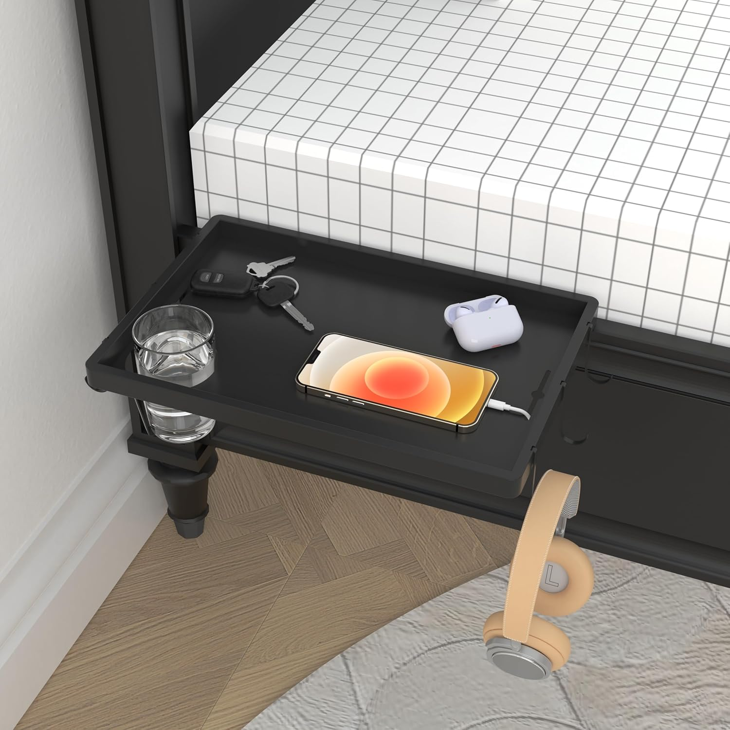 BEAUTME Bedside Shelf for Bed, Sofa Armrest Tray, College Dorm Room, Bunk Bed Shelf/Caddy Top Bunk, Clip on Tray Table for TV Dinners, Remotes, Drinks and Snacks, 38.1 * 25.4Cm, Black image number 4