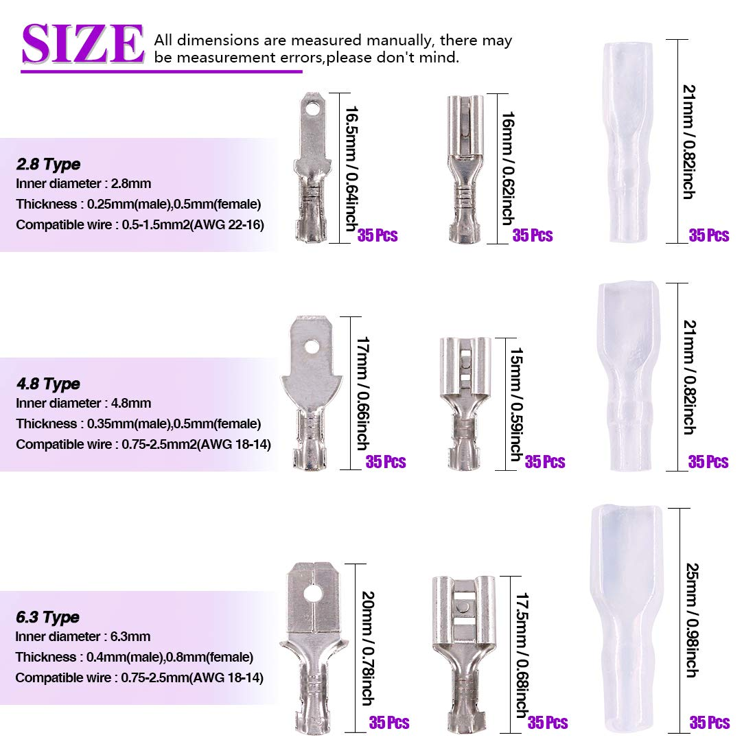 315Pcs 2.8/4.8/6.3Mm Male and Female Spade Quick Connectors Wire Crimp Terminal Block with Insulating Sleeve Assortment Kit Perfect for Electrical Wiring Car Audio Speaker image number 4
