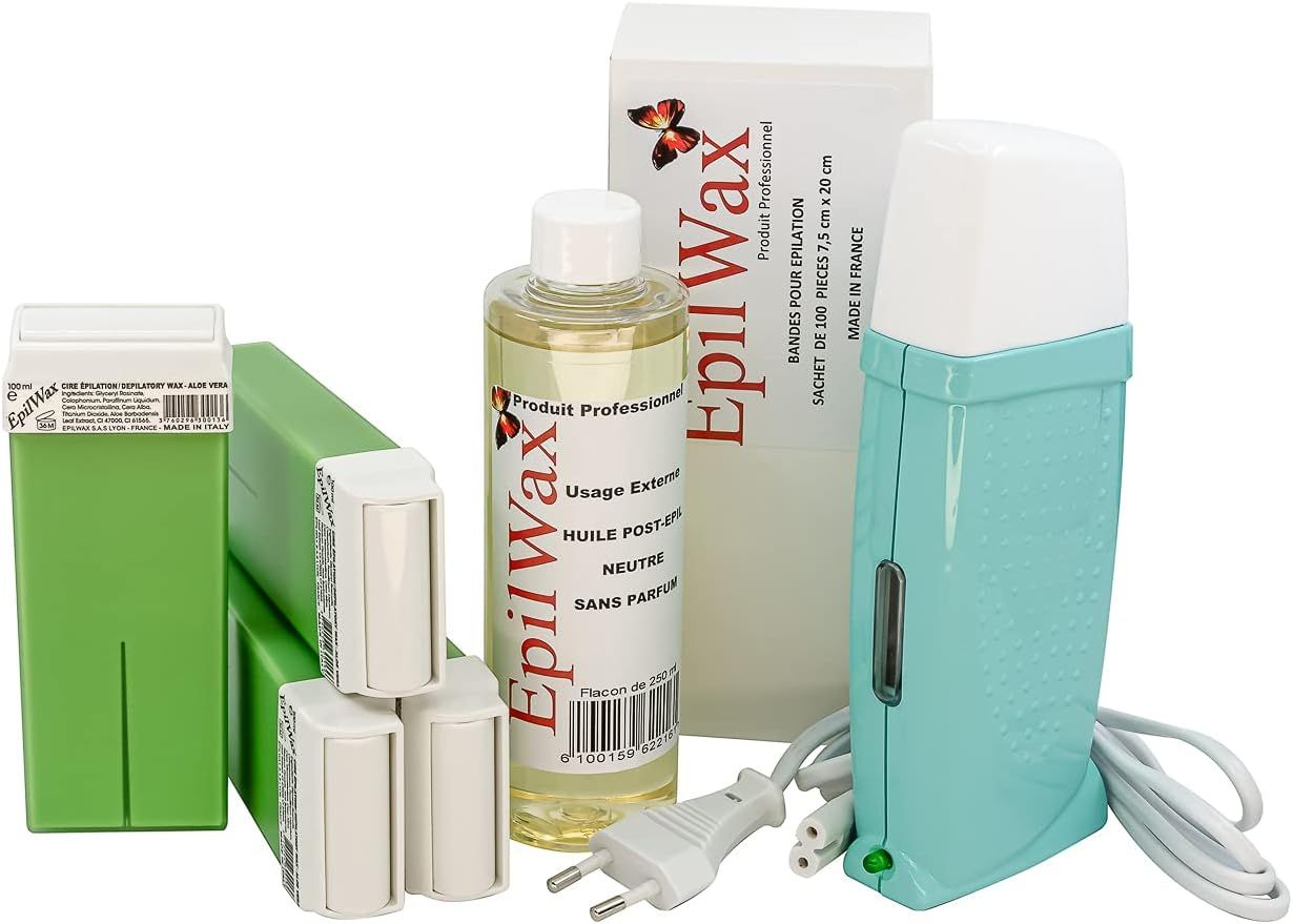 Epilwax Royal Complete Epilation Kit With: Professional Wax Warmer 4 Roll-On Wax 100Ml Vanilla, 100 Epilation Strips, 1 Bottle of 250Ml Oil after Epilation (Royal Series Vanilla 4)