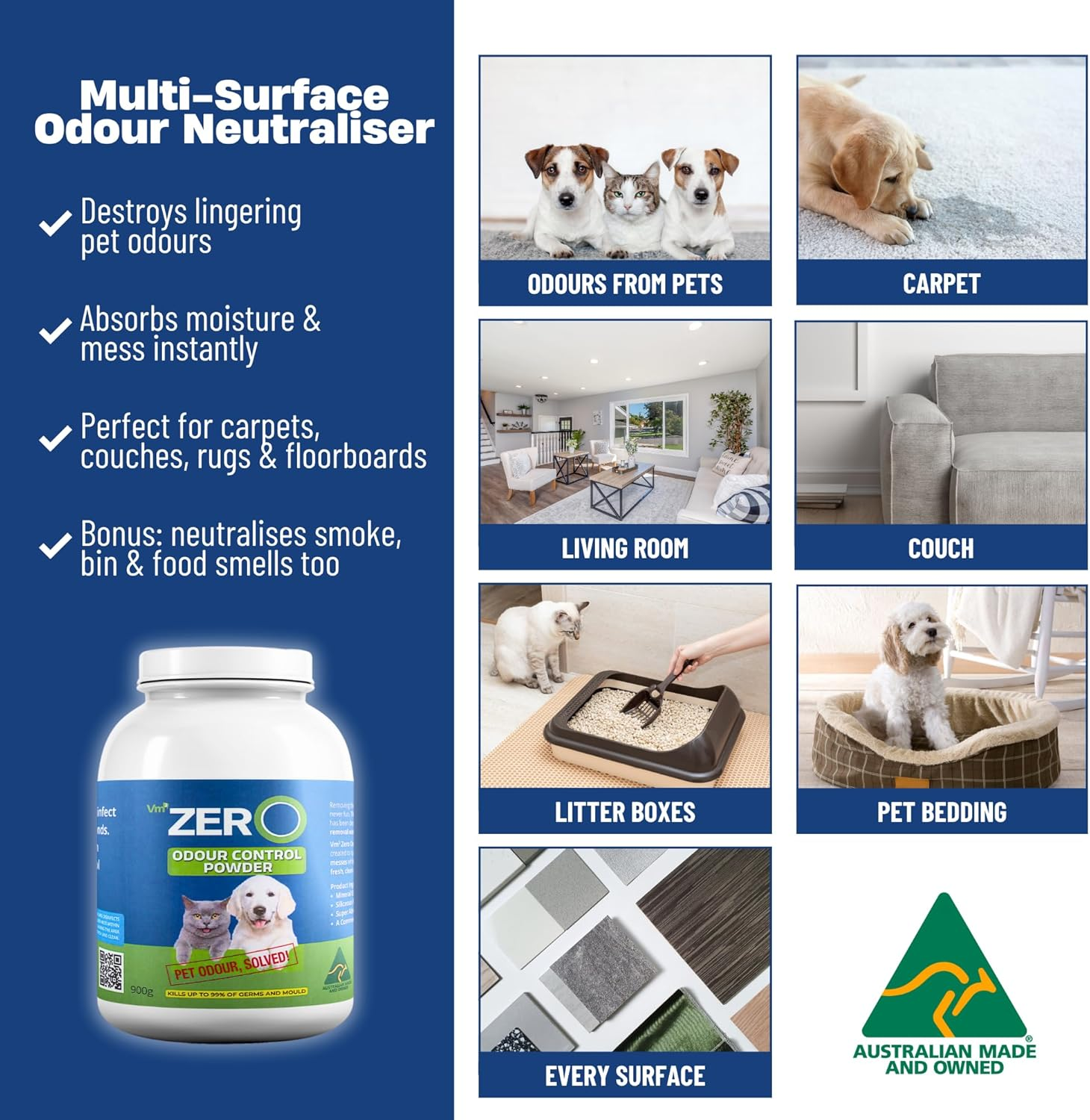 Vm3 Zero Odour Control Powder &ndash; 900G Pet & Carpet Odour Neutraliser, Fast & Easy Urine Cleaner, Absorbs Liquids, Eliminates Smells, Kills Germs, Pet & Home Safe &ndash; Australian Made image number 2